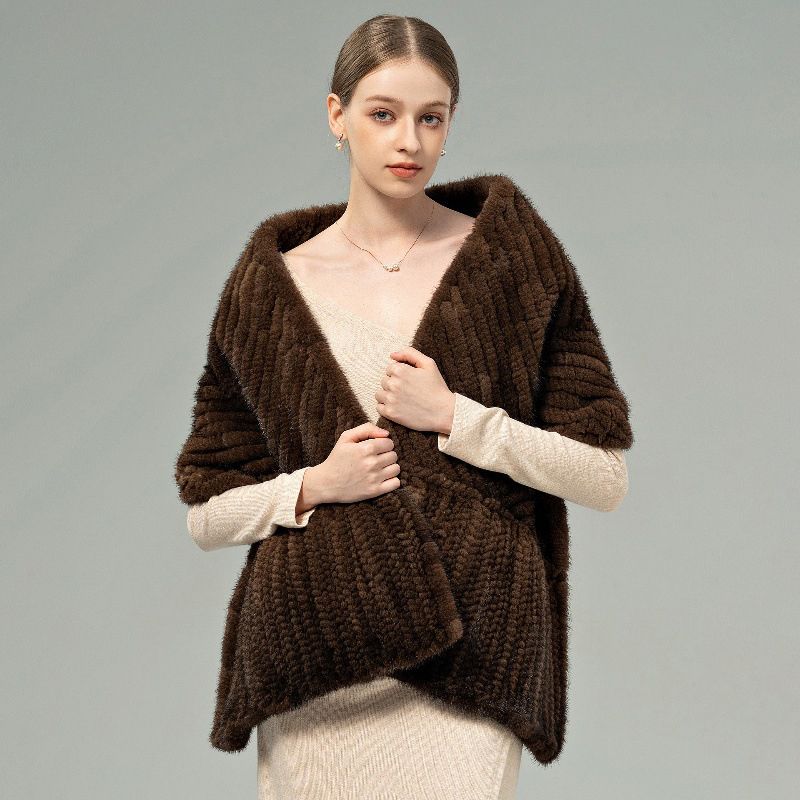 Women’s Real Mink Fur Shawl Genuine Knitted Mink Fur Wrap Stole Shoulder Cape