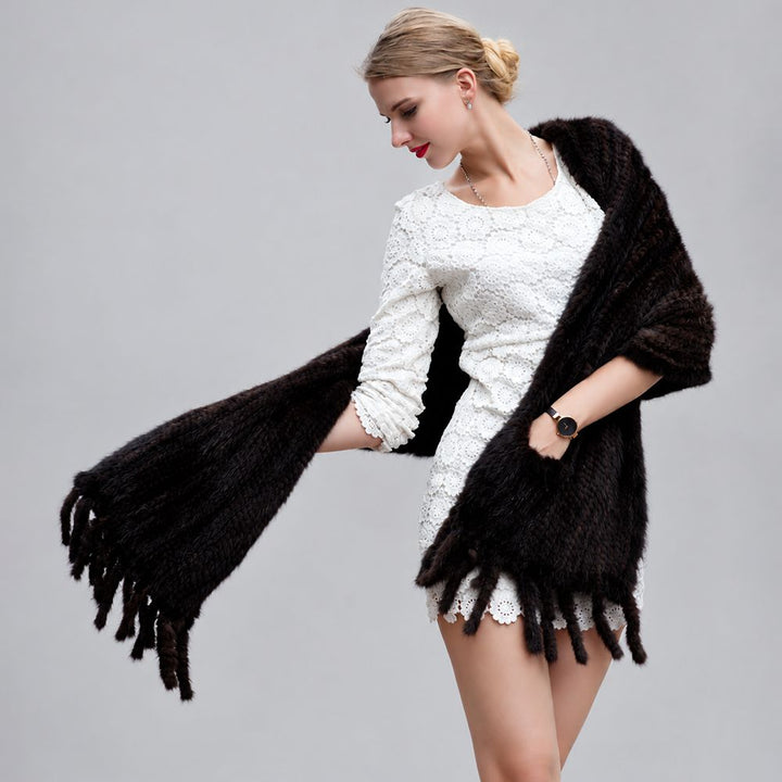 Women’s Real Mink Fur Cape Shawl with Fringe Genuine Mink Fur Wrap with Pockets