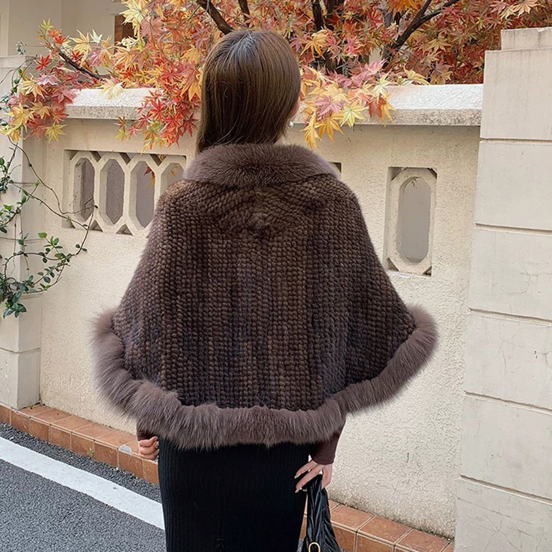 Women's Real Mink Fur Knitted Shawl Wrap with Pockets Fluffy Fox Fur Trimmed Cape