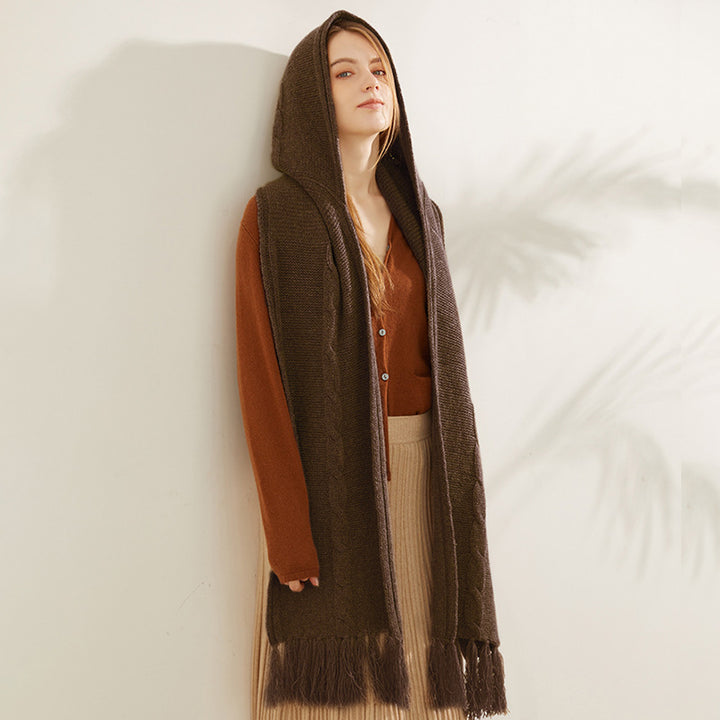 Cashmere Hooded Cable Knit Long Scarf with Fringe