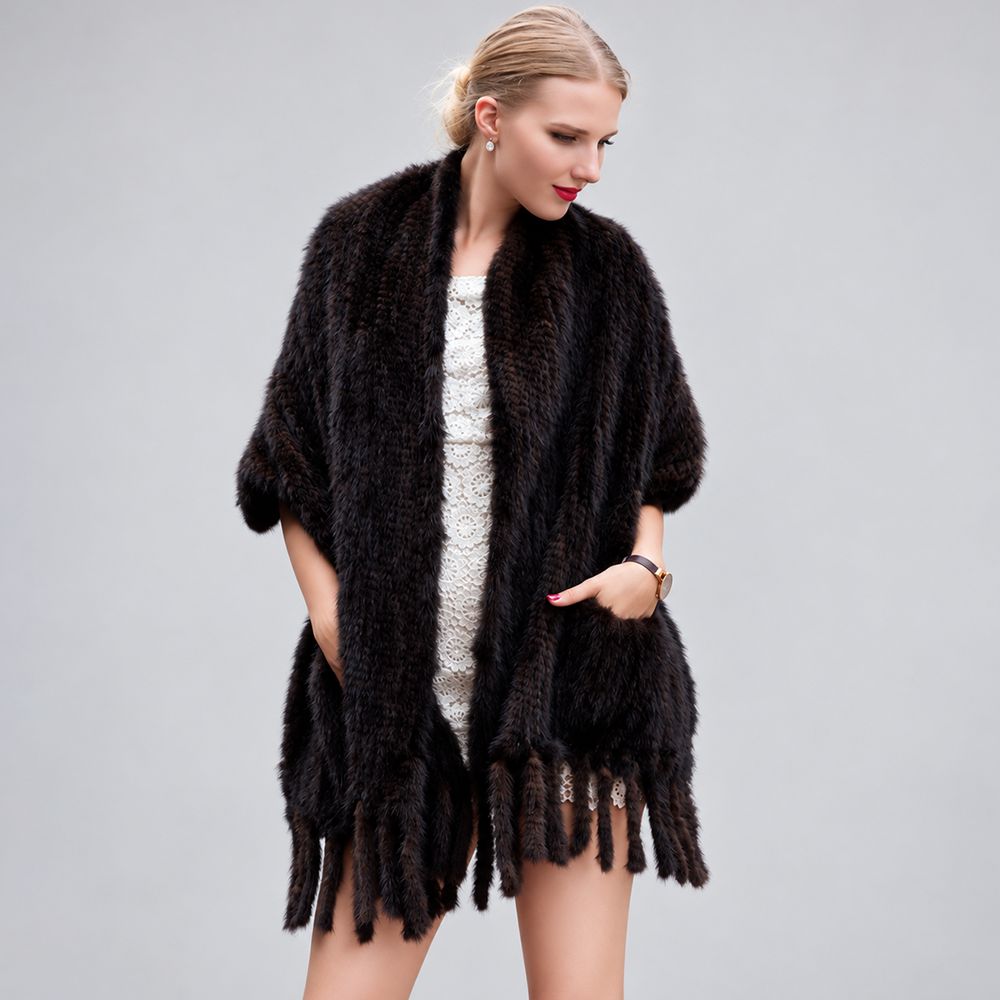 Women’s Real Mink Fur Cape Shawl with Fringe Genuine Mink Fur Wrap with Pockets