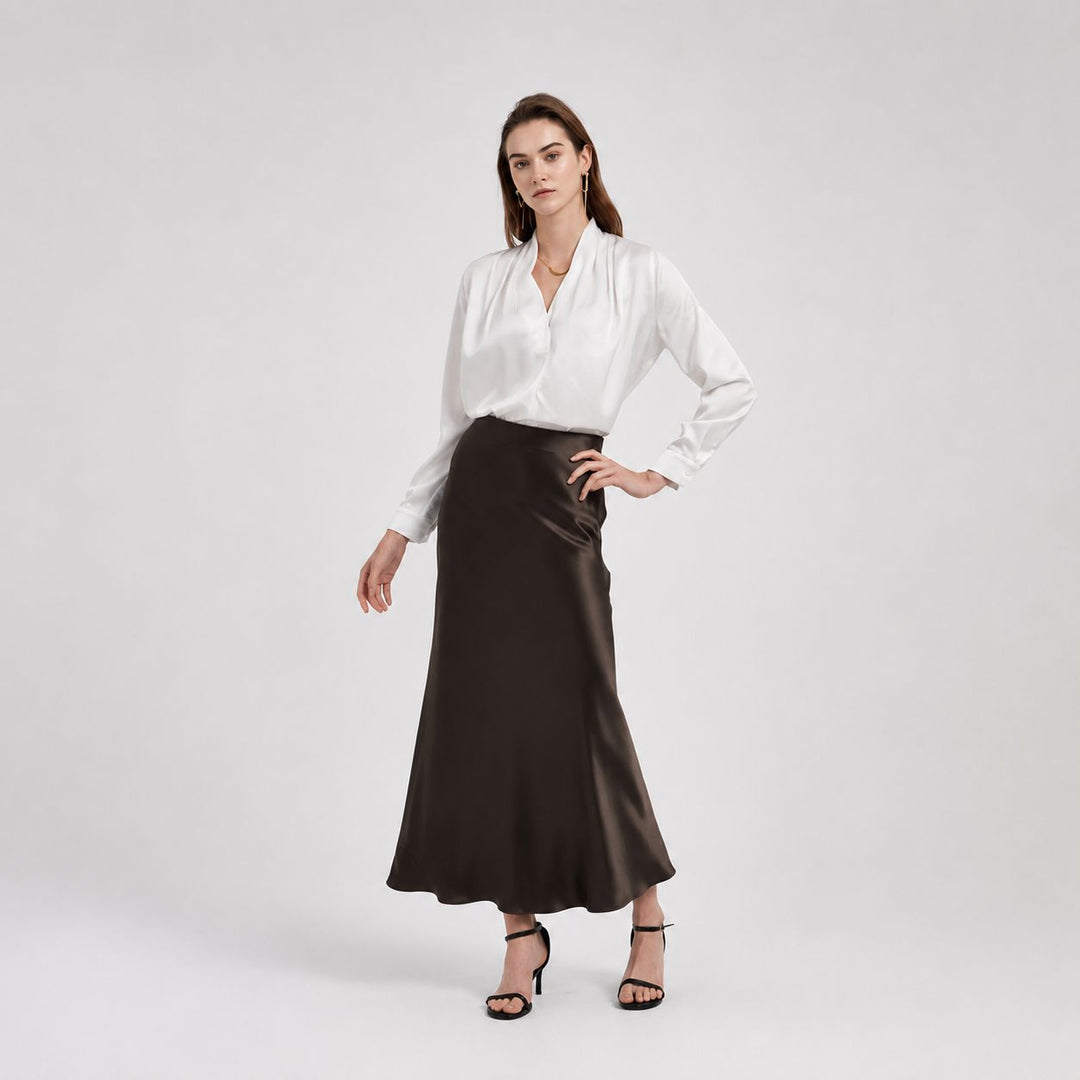 Women's 100% Mulberry Silk Maxi Slip Skirt Elegant High Waist Silk Bias Cut Long Skirt