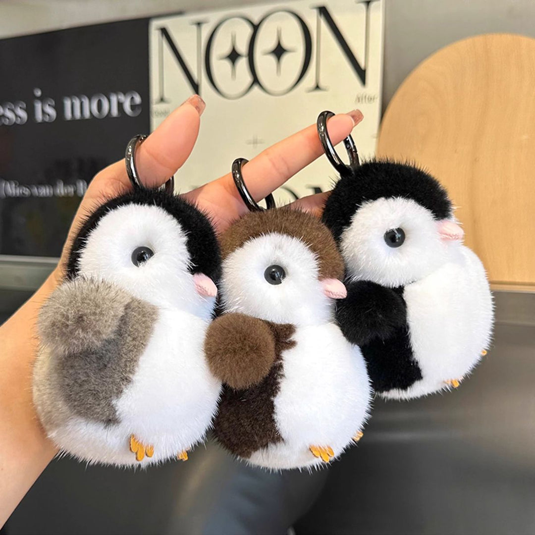 Luxury Real Mink Fur Penguin Keychain Premium Fluffy Animal Bag Charm Car Key Ring Accessory