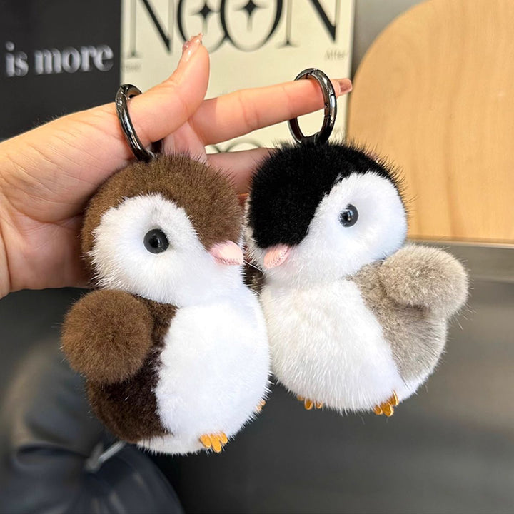 Luxury Real Mink Fur Penguin Keychain Premium Fluffy Animal Bag Charm Car Key Ring Accessory