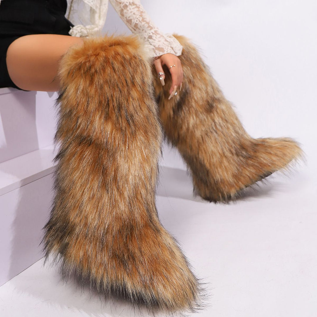 Womens Faux Fur Boot Winter Fluffy Long Furry Boots for Girls Outdoor Fuzzy Knee-High Boots