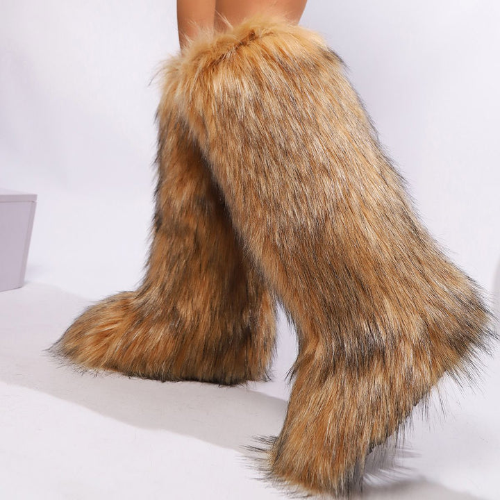 Womens Faux Fur Boot Winter Fluffy Long Furry Boots for Girls Outdoor Fuzzy Knee-High Boots