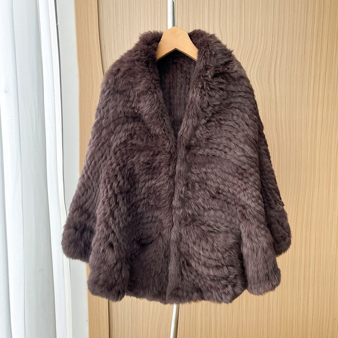 Rabbit Fur Knitted Shawl Wrap with Pockets Affordable Fur Coat
