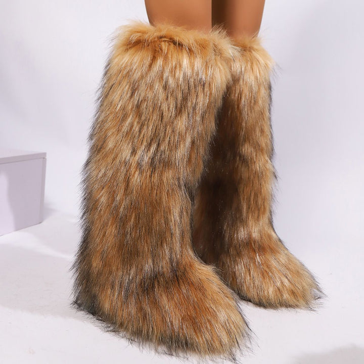 Womens Faux Fur Boot Winter Fluffy Long Furry Boots for Girls Outdoor Fuzzy Knee-High Boots