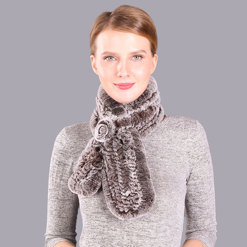 Soft Rabbit Fur Winter Wrap Scarf Stole with Rose Decoration