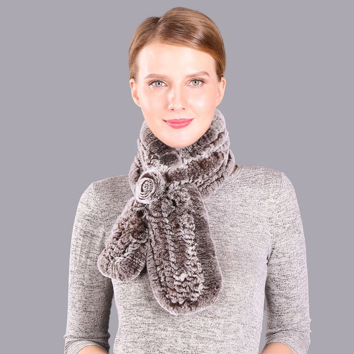 Soft Rabbit Fur Winter Wrap Scarf Stole with Rose Decoration