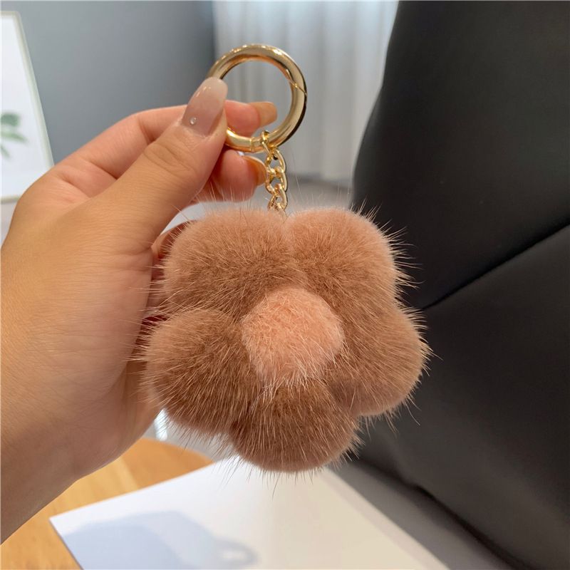 Cute Real Mink Fur Flower Car Keychain Fluffy Pom-Pom Luxury Bag Charm