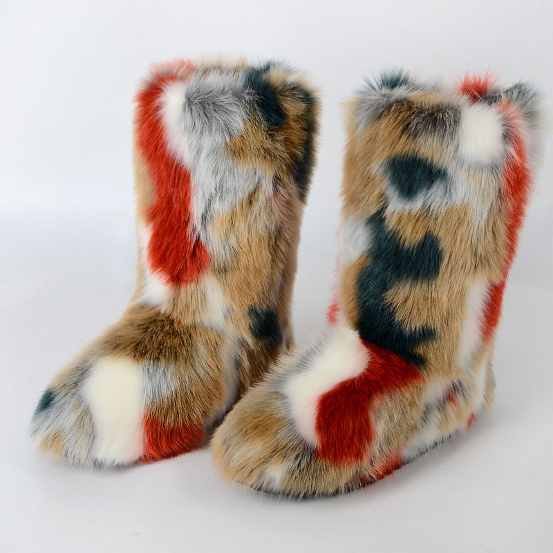 Vibrant Patchwork Faux Fur Boots Women Colorful Winter Furry Snow Boots Footwear