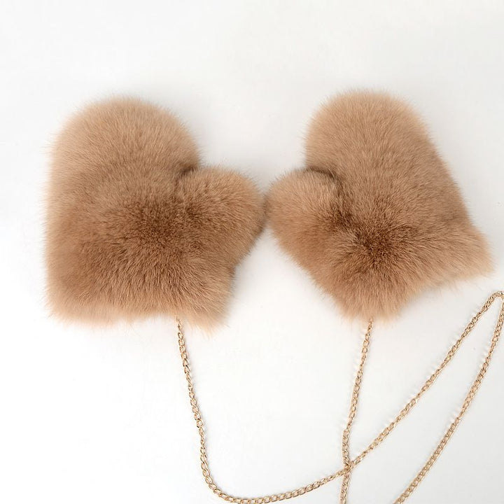 Luxury Real Fox Fur Mittens with Chain Strap Warm Winter Leather Fur Gloves for Women