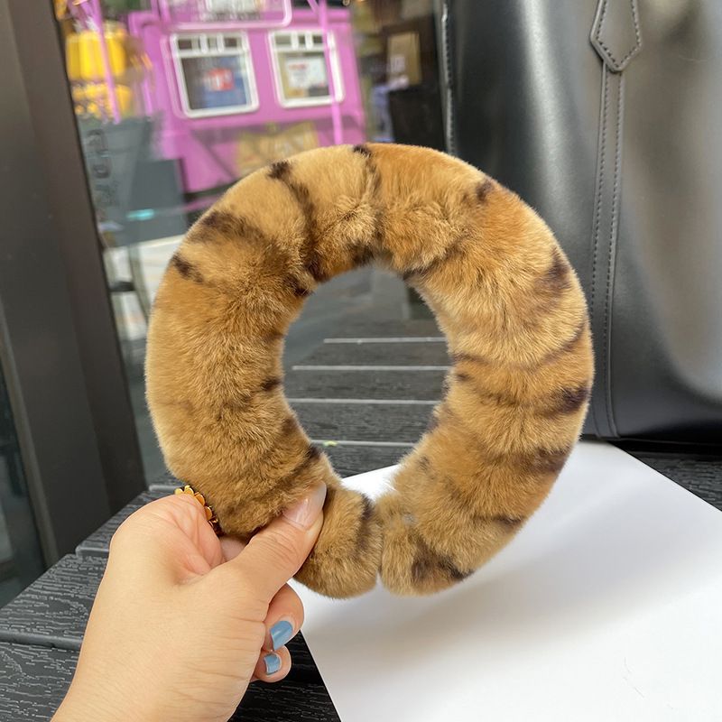 Real Rabbit Fur Headband Women's Soft Plush Leopard Print Hair Accessories