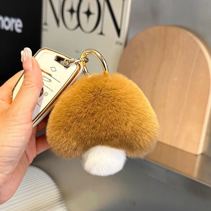 Cute Real Rex Rabbit Fur Mushroom Keychain Fluffy Plush Bag Charm