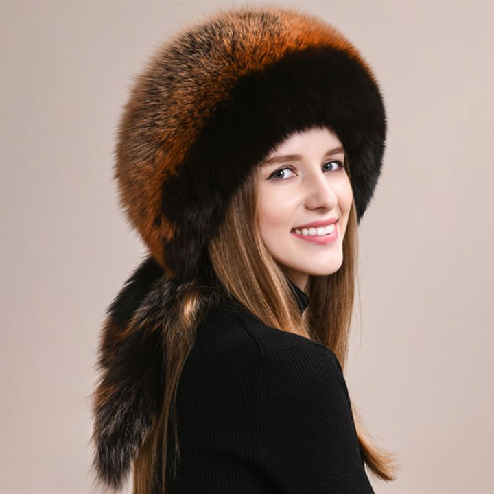 Soft Real Fox Fur Hat with Elegant Tails Women's Winter Fashion Cozy Full-Pelt Fur Beanie for Cold Weather
