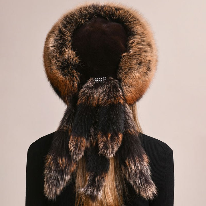 Soft Real Fox Fur Hat with Elegant Tails Women's Winter Fashion Cozy Full-Pelt Fur Beanie for Cold Weather