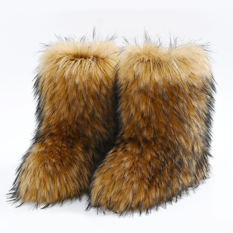 Faux Raccoon Fur Snow Boots for Women Winter Furry Cozy Slip-On Ankle Fur Boots