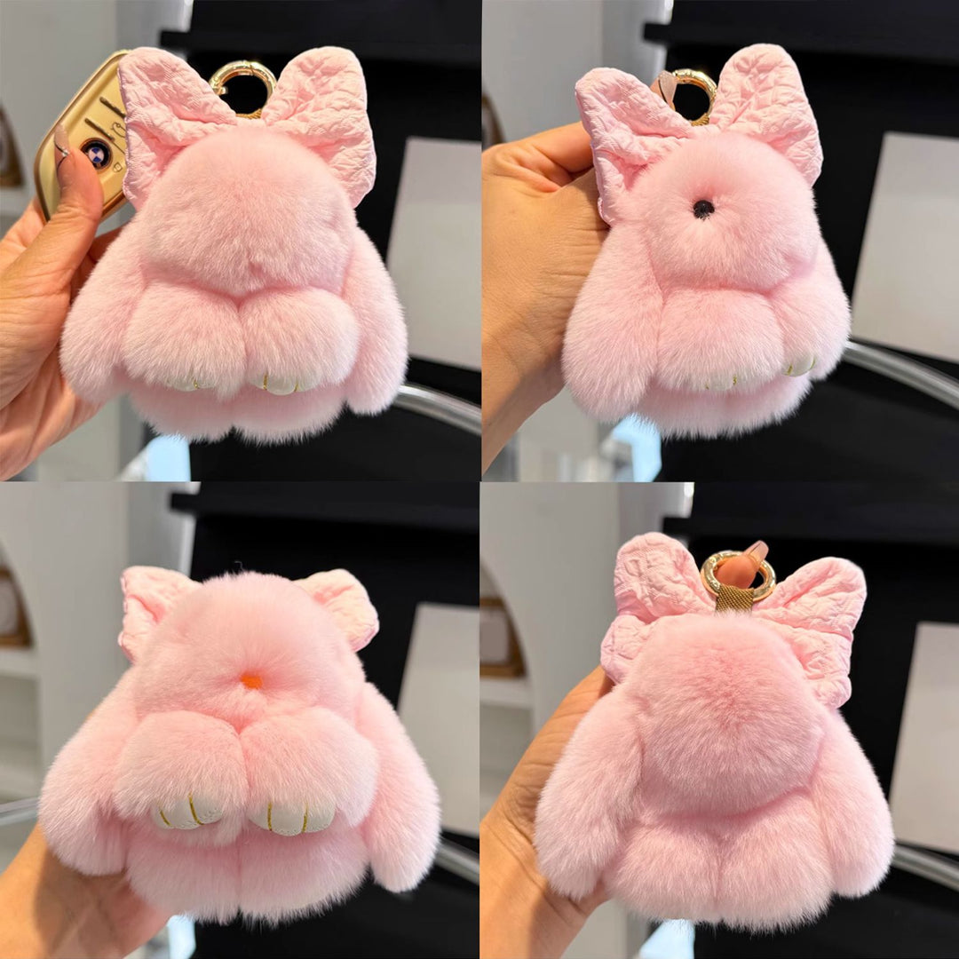 Real Rabbit Fur Cute Bunny and Bow Keychain Luxury Fur Bag Charm