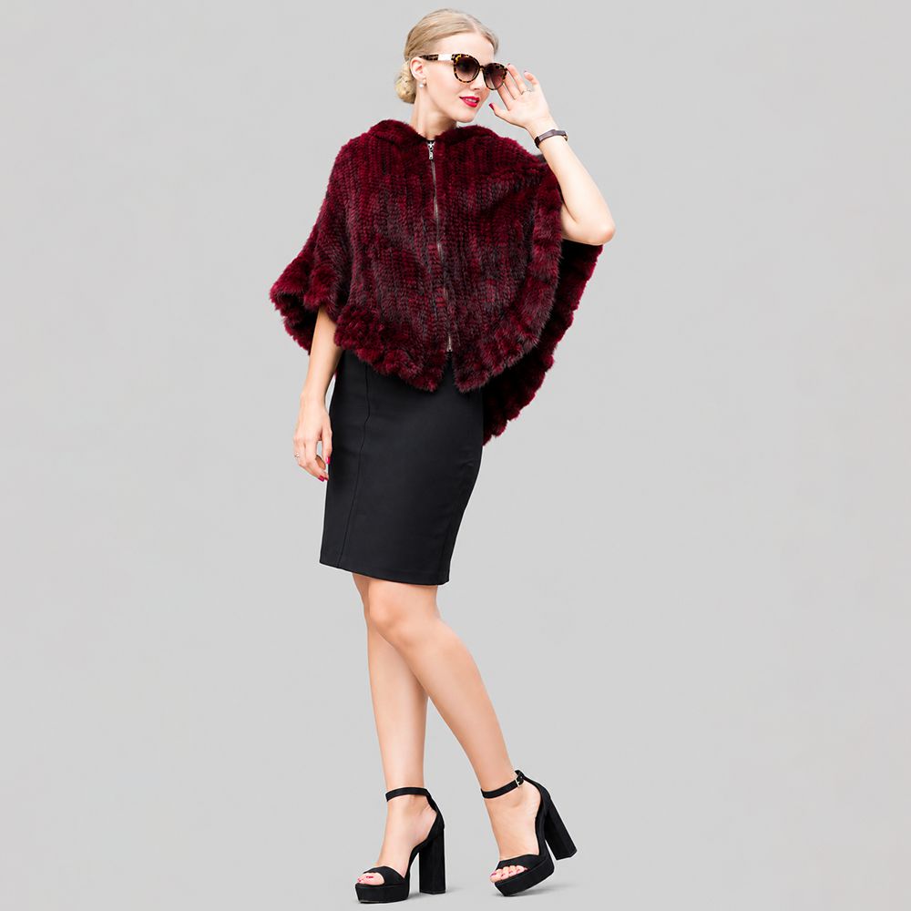 Genuine Mink Fur Zip Front Poncho with Hood Oversized Fur Cape Shawl Wrap