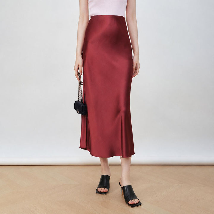 22 Momme Mulberry Charmeuse Silk Midi Skirt with Side Slit