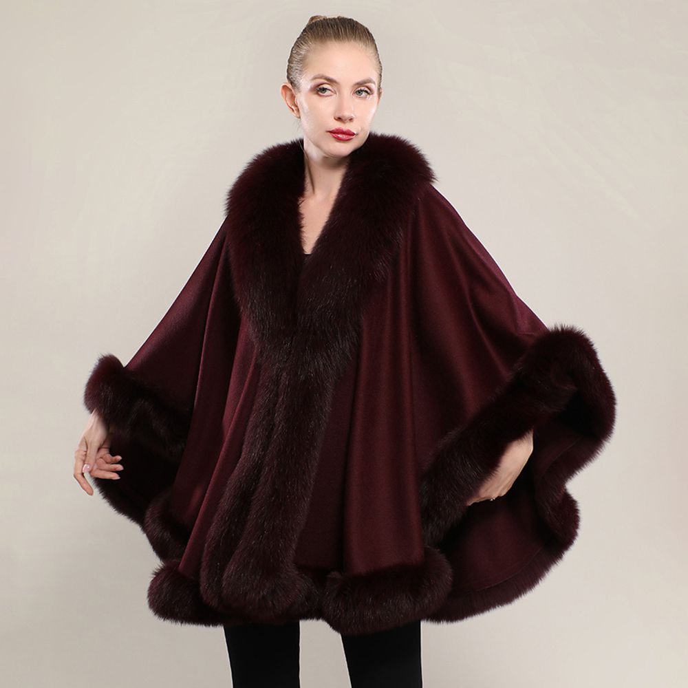 Women’s Oversized Cashmere Poncho Cape with Real Fox Fur Trim