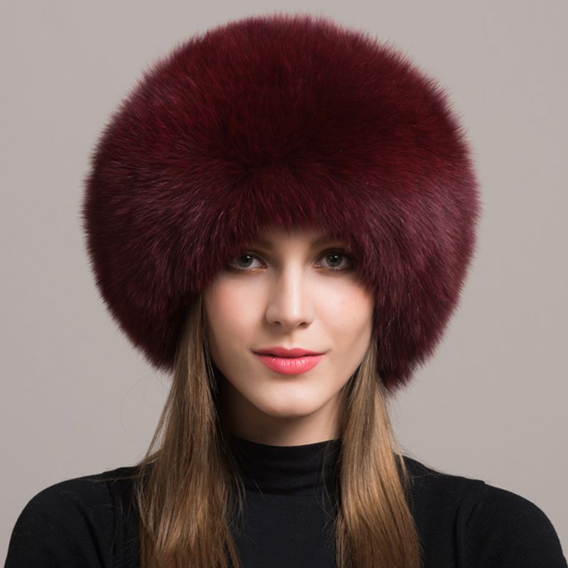 Women's Winter Fox Fur Roller Hat Sheepskin Pom Pom Fur Round Hat