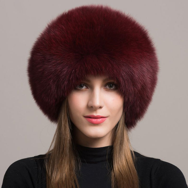 Women's Winter Fox Fur Roller Hat Sheepskin Pom Pom Fur Round Hat