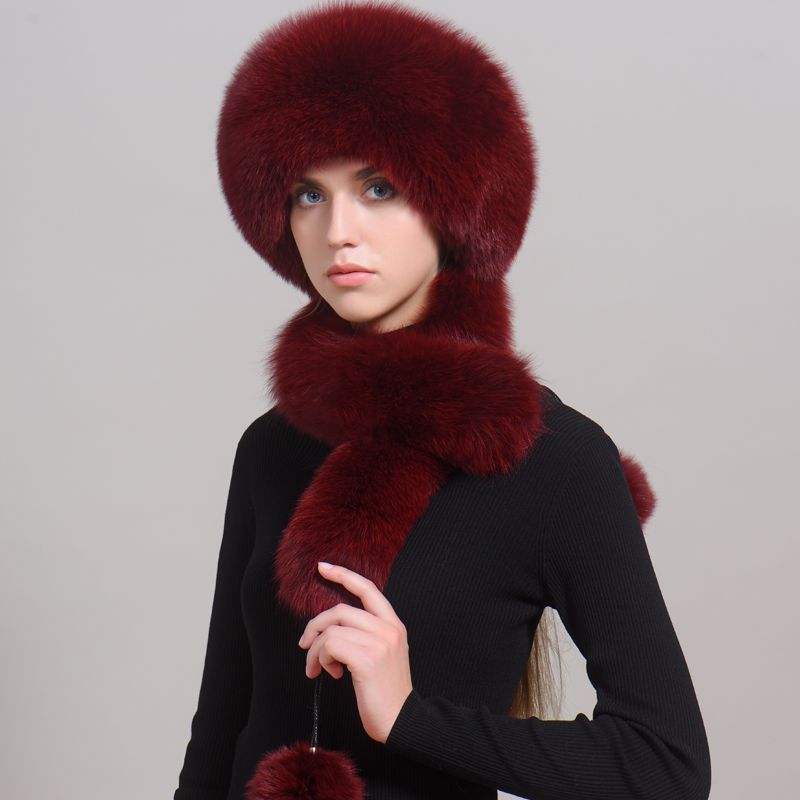 Luxury Winter Fox Fur Trapper Hat Women Pom Pom Fur Ushanka with Tail Scarf