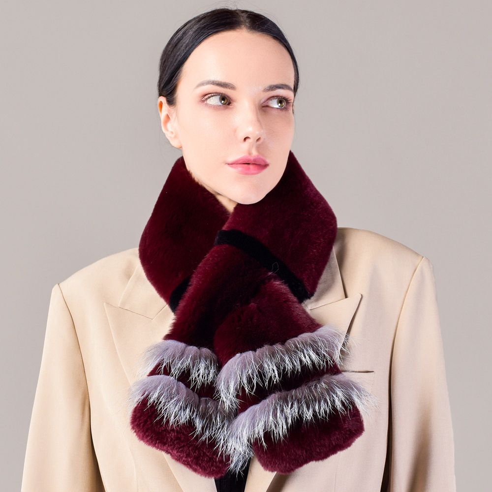 Soft Rabbit Fur Scarf with Fox Fur Trim Fashionable Two-Tone Women Winter Scarf
