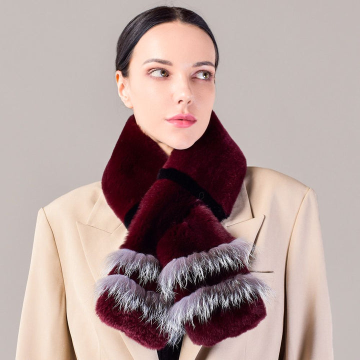 Soft Rabbit Fur Scarf with Fox Fur Trim Fashionable Two-Tone Women Winter Scarf