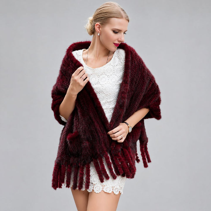 Women’s Real Mink Fur Cape Shawl with Fringe Genuine Mink Fur Wrap with Pockets