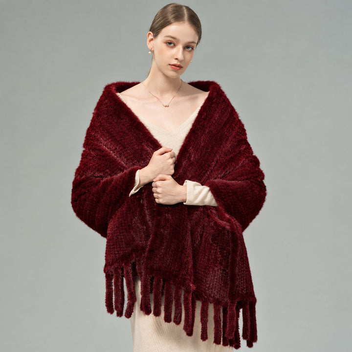 Genuine Mink Fur Shawl Wrap Elegant Fur Stole Cape Scarf with Fringe