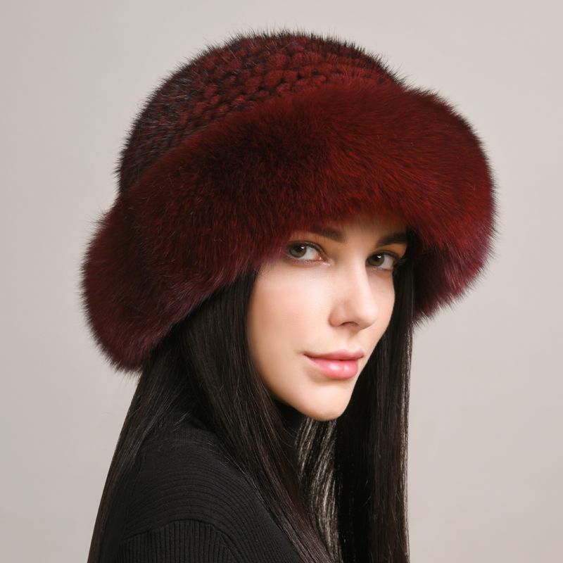 Luxury Mink Fur Hat for Women Full Fox Fur Brim Winter Bucket Hat