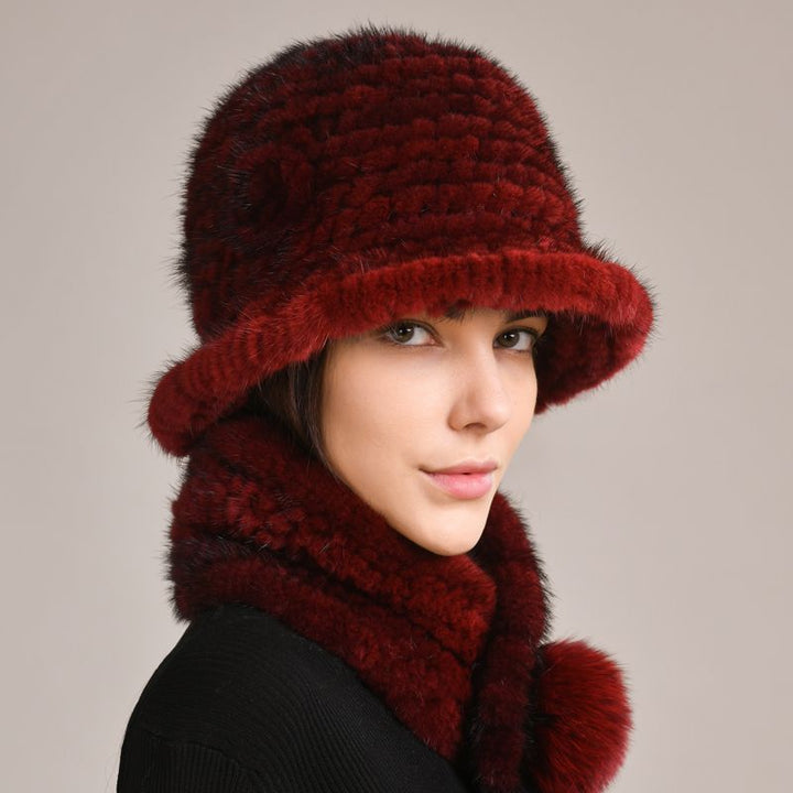 Luxury Mink Fur Hat and Scarf Set for Women Elegant Winter Bucket Hat with Matching Fur Neck Pom-Pom Warmer