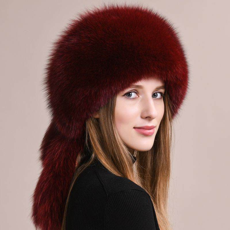 Soft Real Fox Fur Hat with Elegant Tails Women's Winter Fashion Cozy Full-Pelt Fur Beanie for Cold Weather