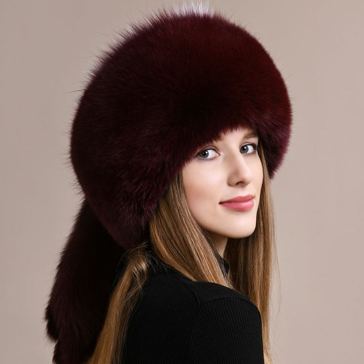 Genuine Fox Fur Hat for Women Luxury Long Tail Full-Pelt Winter Outdoor Hat