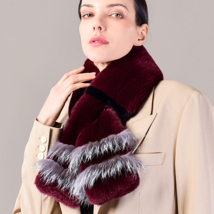 Soft Rabbit Fur Scarf with Fox Fur Trim Fashionable Two-Tone Women Winter Scarf
