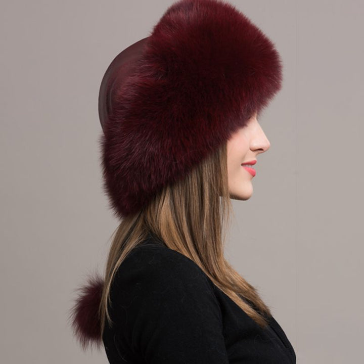 Women's Winter Fox Fur Roller Hat Sheepskin Pom Pom Fur Round Hat