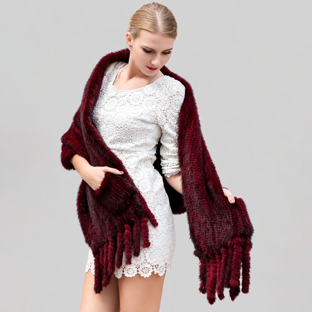 Women’s Real Mink Fur Cape Shawl with Fringe Genuine Mink Fur Wrap with Pockets