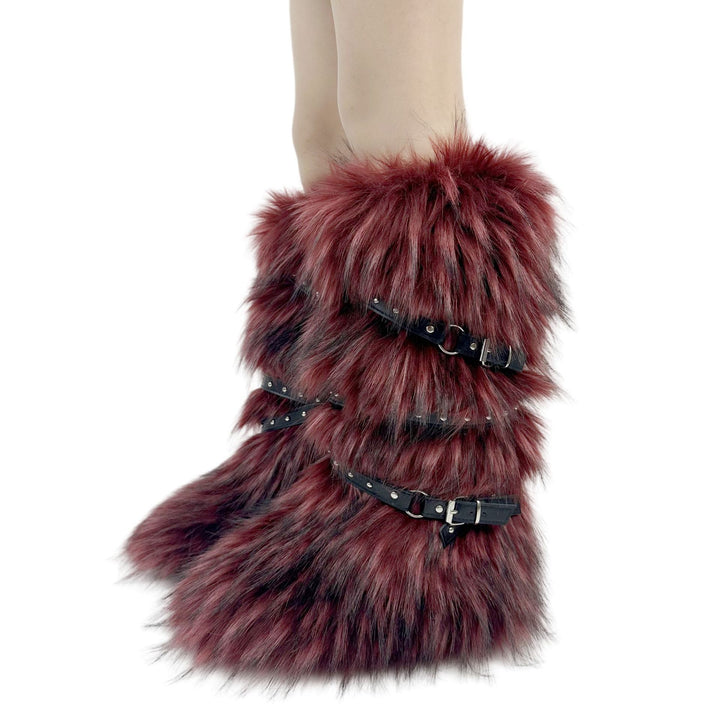 Womens Faux Fur Boot Winter Fluffy Long Furry Boots for Girls Outdoor Fuzzy Knee-High Sexy Snow Boots with Cross Straps and Buckle