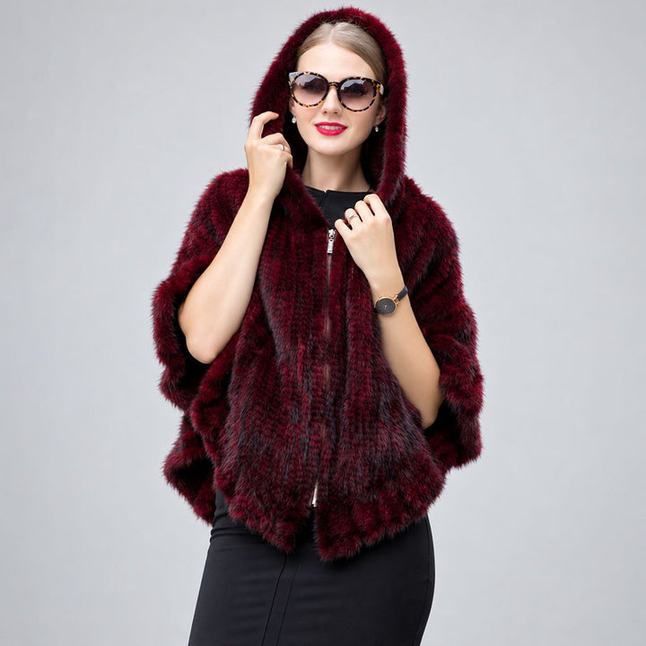 Genuine Mink Fur Zip Front Poncho with Hood Oversized Fur Cape Shawl Wrap