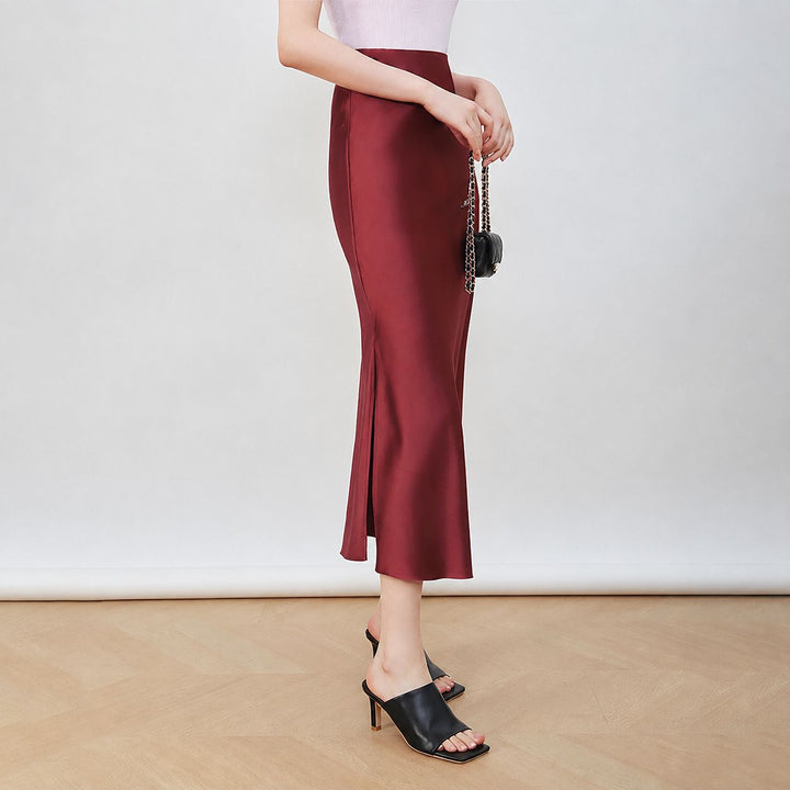 22 Momme Mulberry Charmeuse Silk Midi Skirt with Side Slit