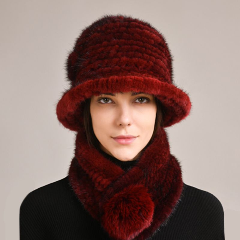Luxury Mink Fur Hat and Scarf Set for Women Elegant Winter Bucket Hat with Matching Fur Neck Pom-Pom Warmer