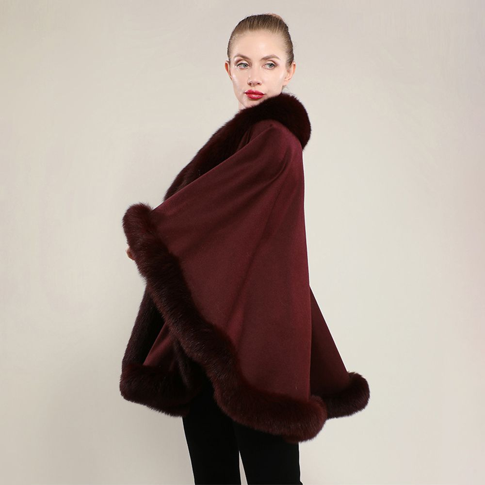 Women’s Oversized Cashmere Poncho Cape with Real Fox Fur Trim