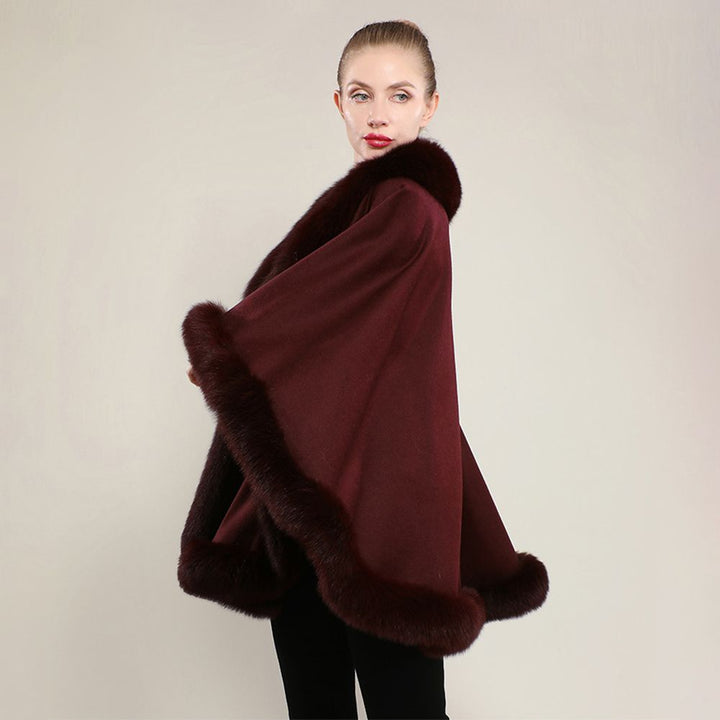 Women’s Oversized Cashmere Poncho Cape with Real Fox Fur Trim