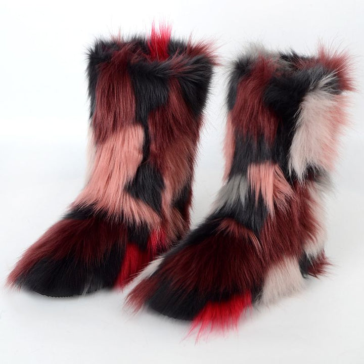 Vibrant Patchwork Faux Fur Boots Women Colorful Winter Furry Snow Boots Footwear