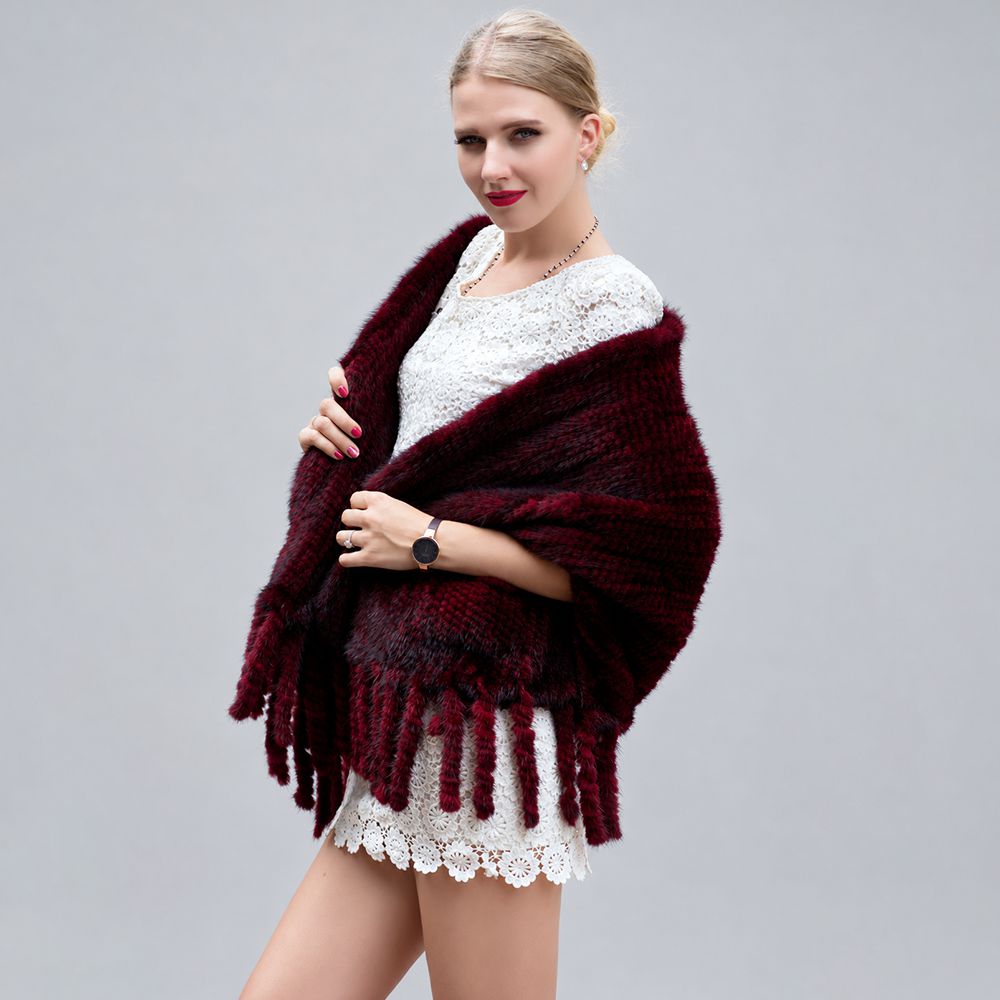 Women’s Real Mink Fur Cape Shawl with Fringe Genuine Mink Fur Wrap with Pockets