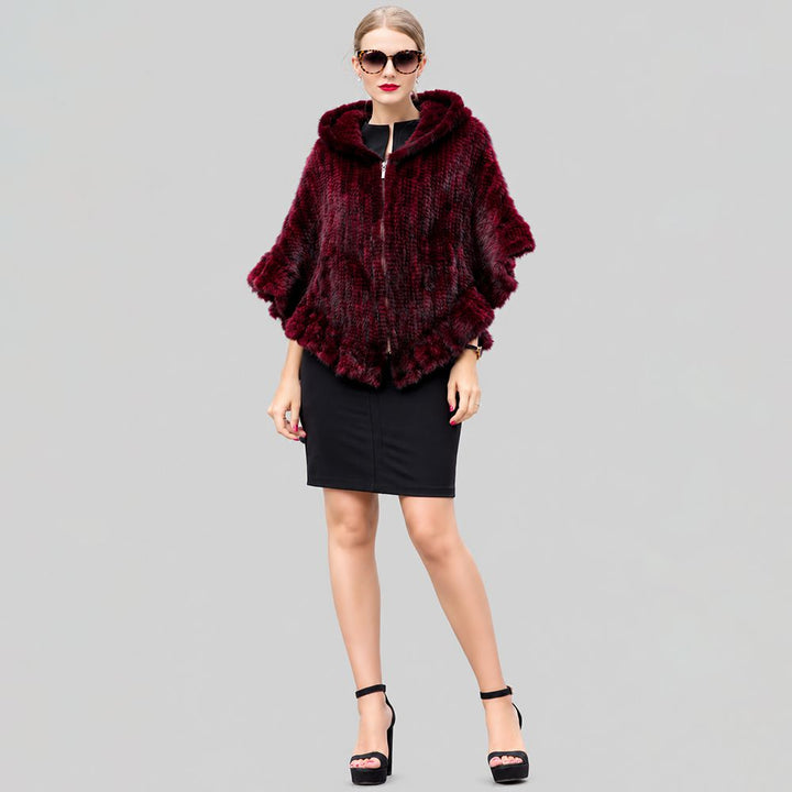 Genuine Mink Fur Zip Front Poncho with Hood Oversized Fur Cape Shawl Wrap