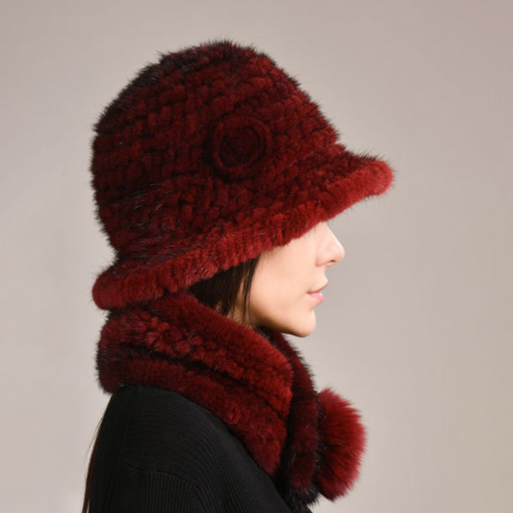 Luxury Mink Fur Hat and Scarf Set for Women Elegant Winter Bucket Hat with Matching Fur Neck Pom-Pom Warmer